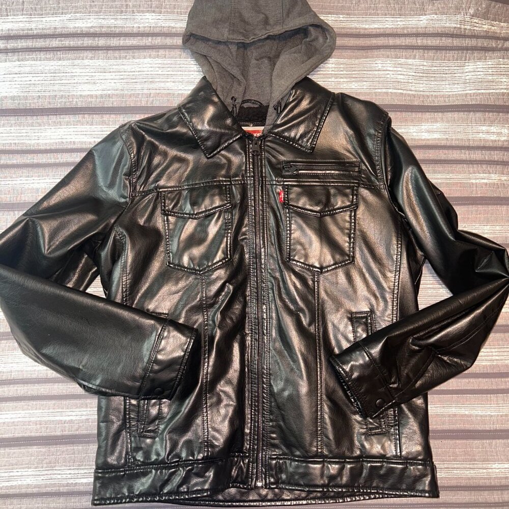 NWOT Levi’s Hooded Faux Leather Black Gray Sweatshirt Sherpa Hooded Men's Medium